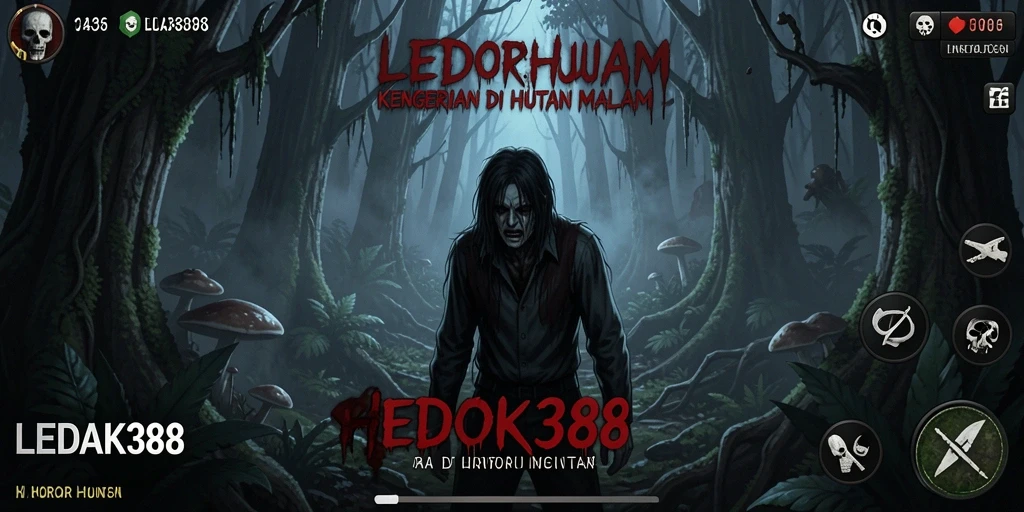 Tangkapan layar LEDAK388 menampilkan suasana menegangkan di dalam hutan malam.