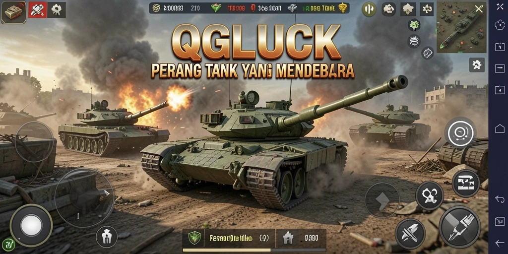 Antarmuka QGLUCK menampilkan tank siap tempur dalam pertempuran strategis.
